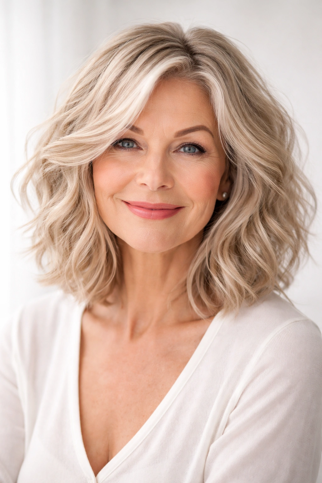 Wavy bob with undone texture in cool beige blonde