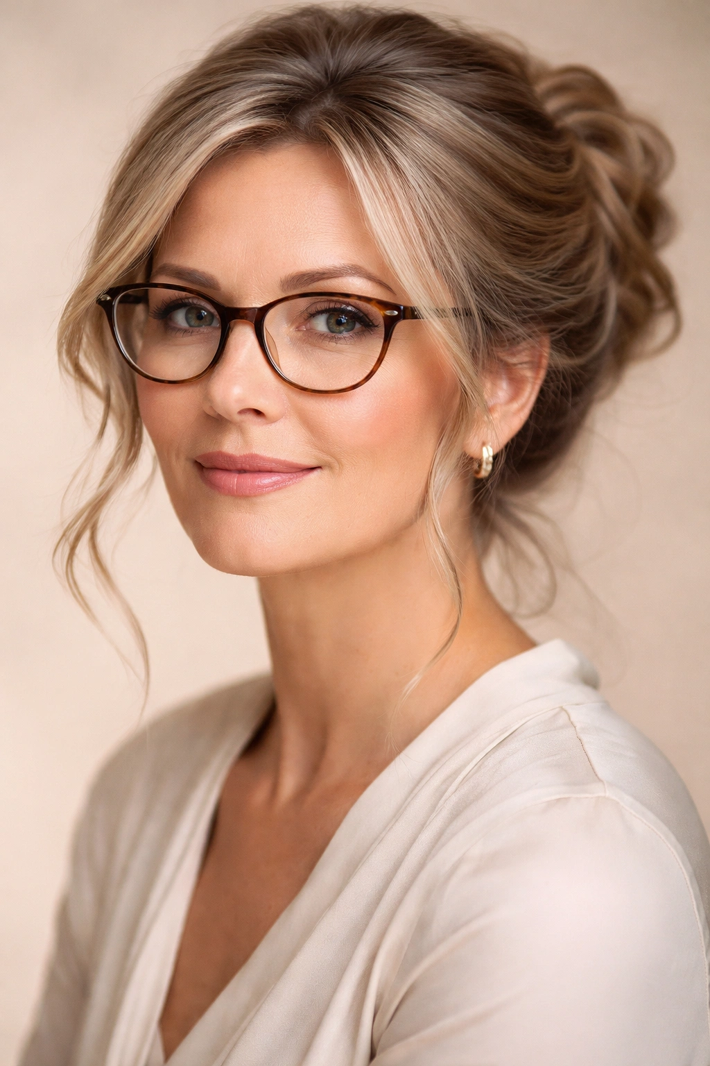 15 Hairstyles For Women Over 40 Who Wear Glasses 12 Mature woman in soft updo with face-framing pieces and glasses