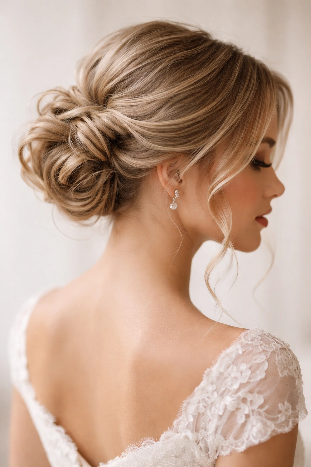 Back-and-side view of a soft updo with face-framing pieces
