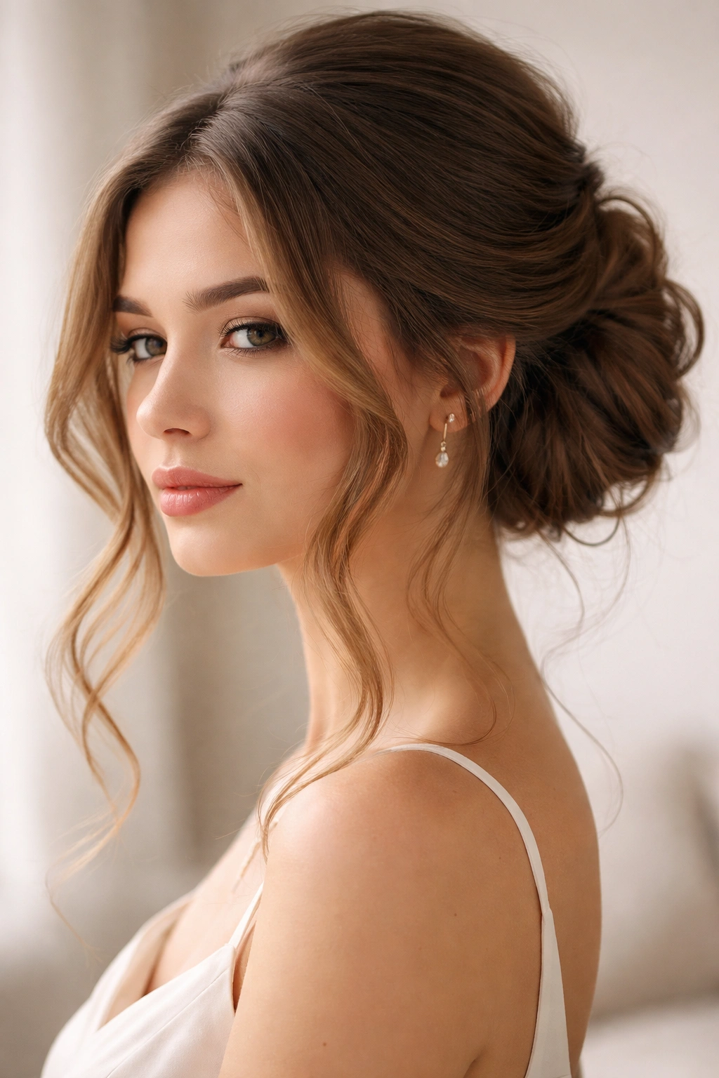 Romantic soft updo with loose face-framing pieces.