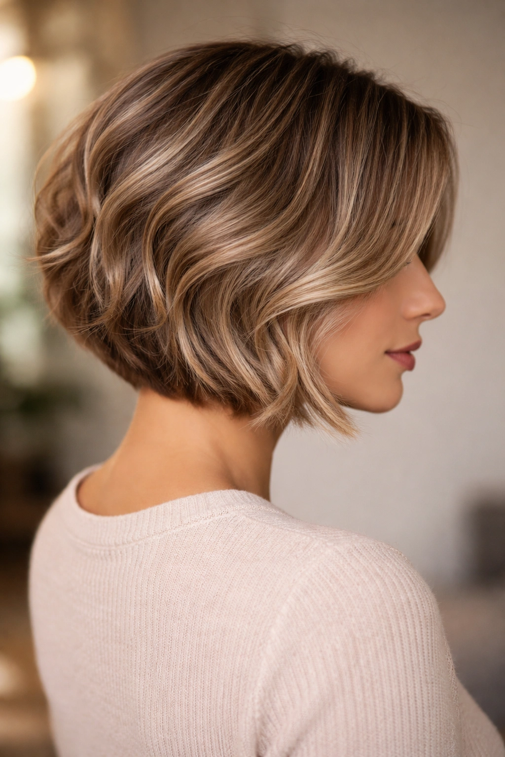 10 Short Inverted Bobs With Volume In The Back 9 Head-and-shoulders portrait of a soft wave inverted bob with length and gentle waves.