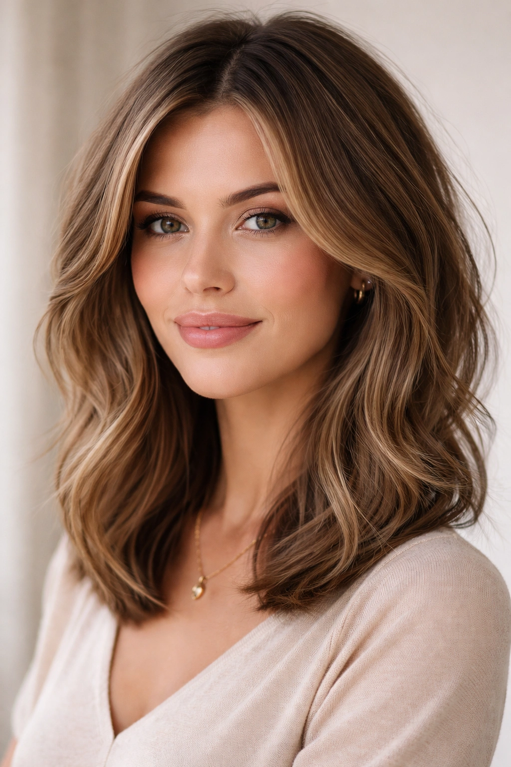 Shoulder-length lob with subtle face-framing layers and soft waves.