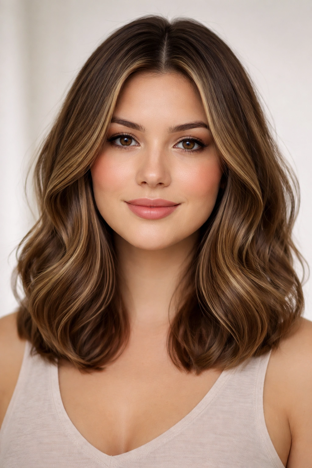 15 Slimming Haircuts That Flatter Fuller Faces 14 Portrait of a person with a soft wave lob and middle part.