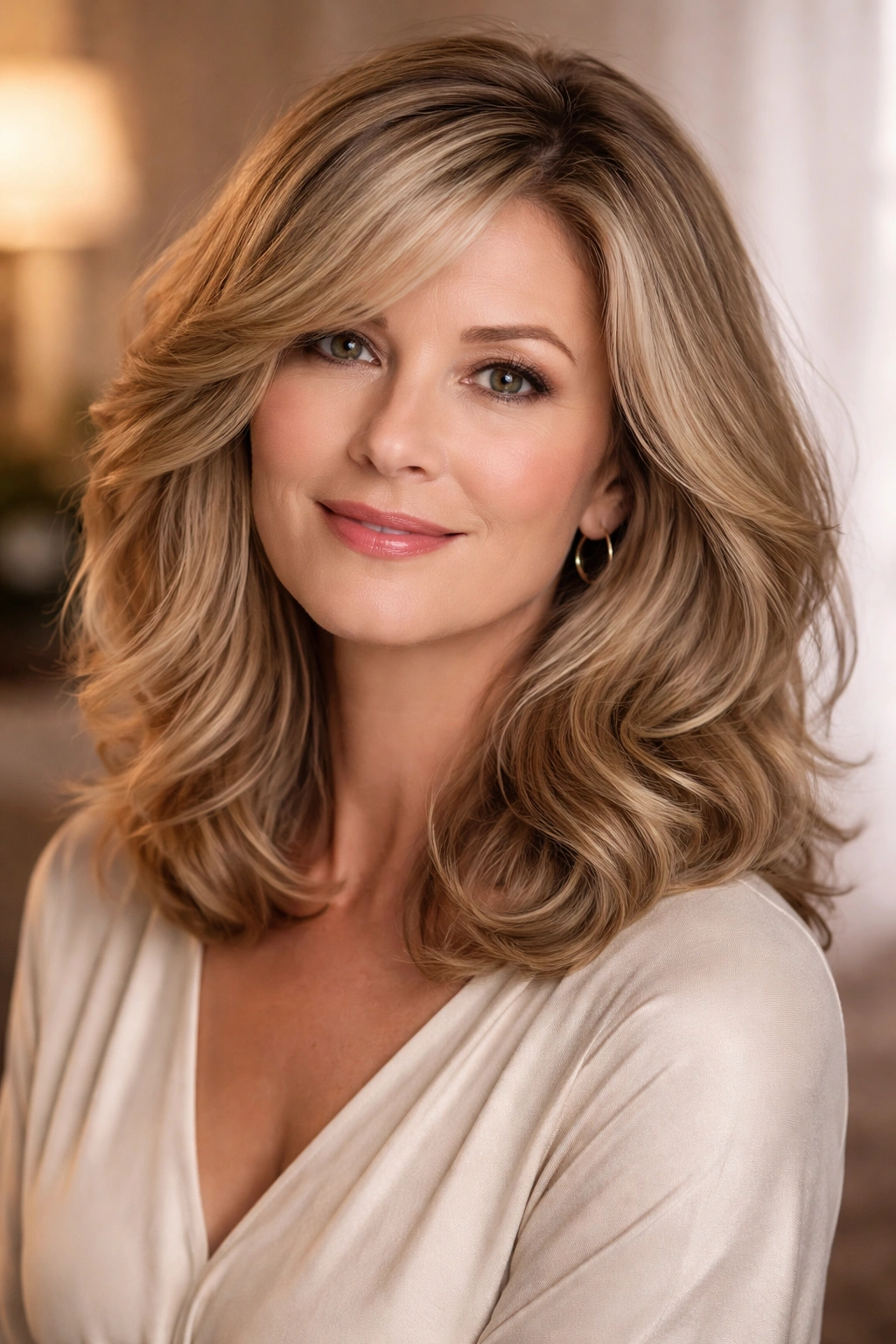 Shoulder-length lob with soft waves on thick hair