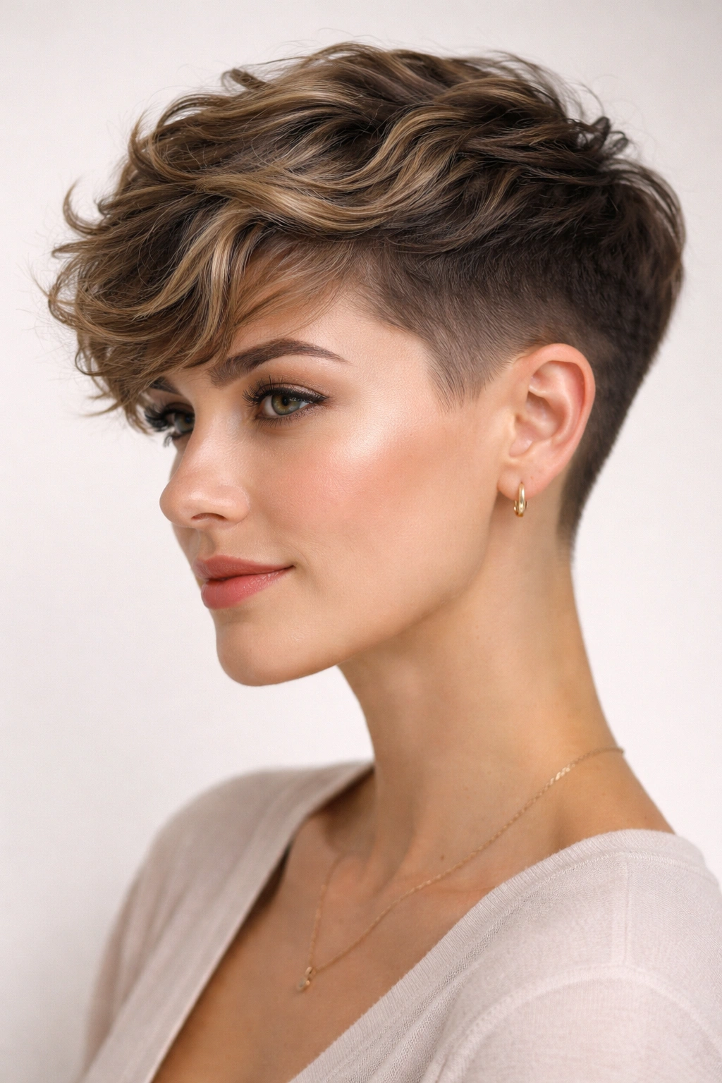 Close-up of soft wave pixie with undercut and top waves