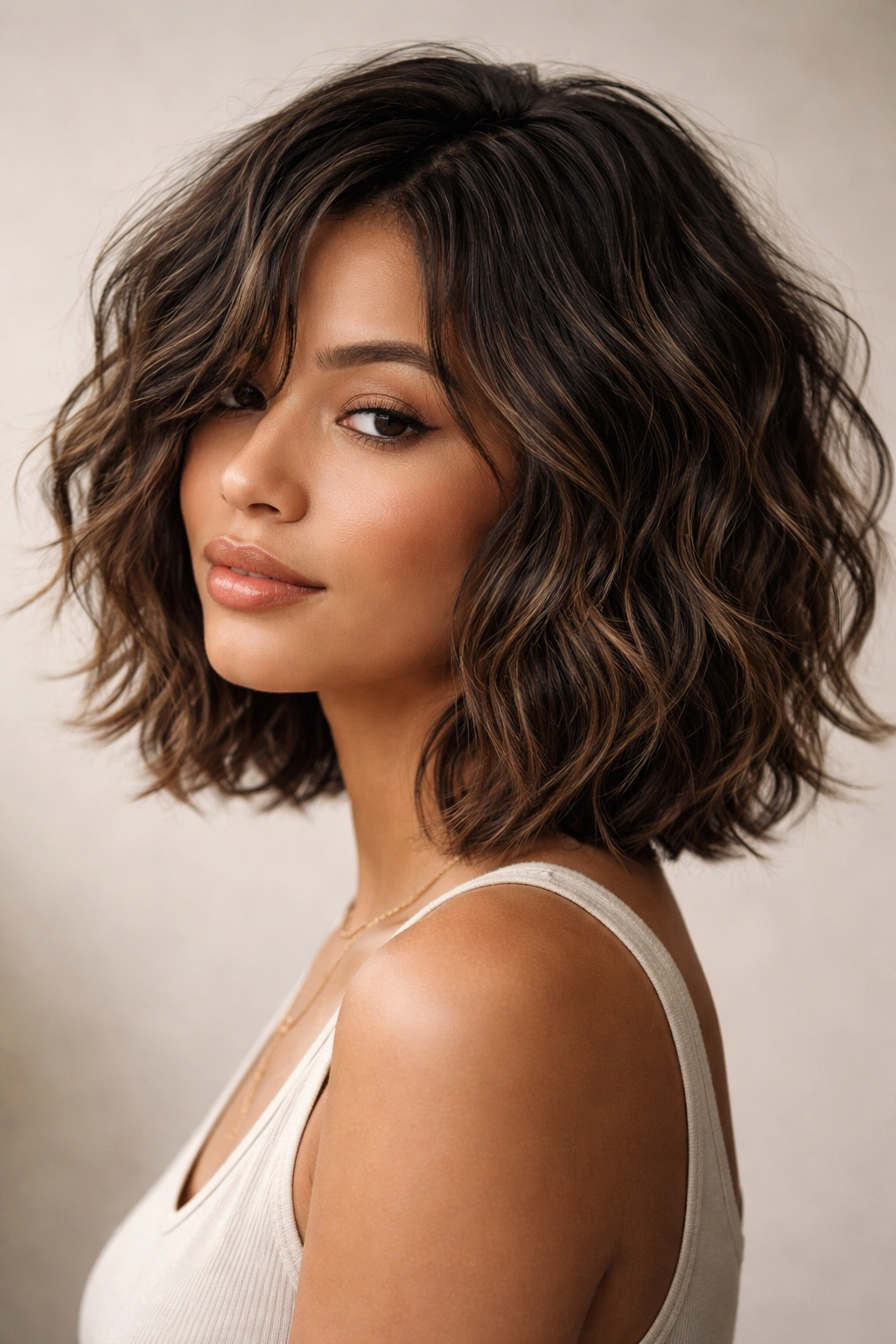 Soft Wave Bob with Razored Texture: shoulder-length hair with soft waves and razor-cut texture
