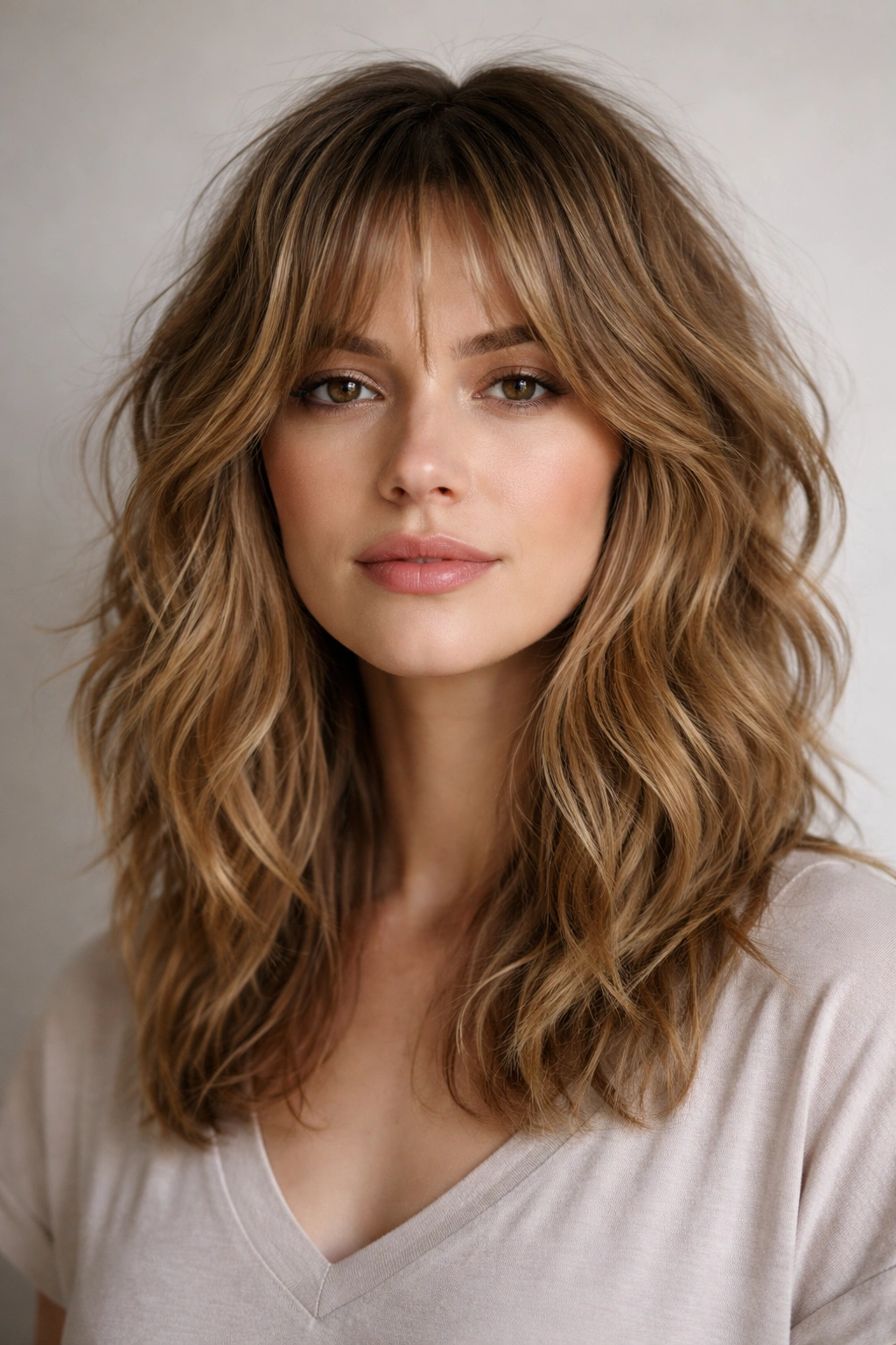 Close-up of a person with shoulder-length soft-wave shag showing natural waves and air-dried texture