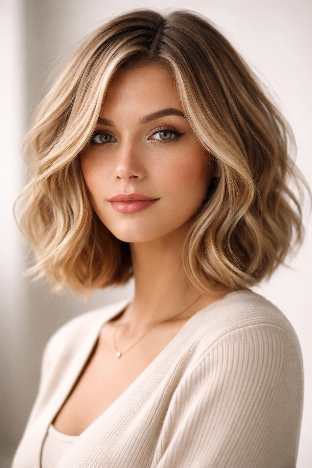 Portrait of a person with a soft-wave textured bob showing gentle waves and blended layers