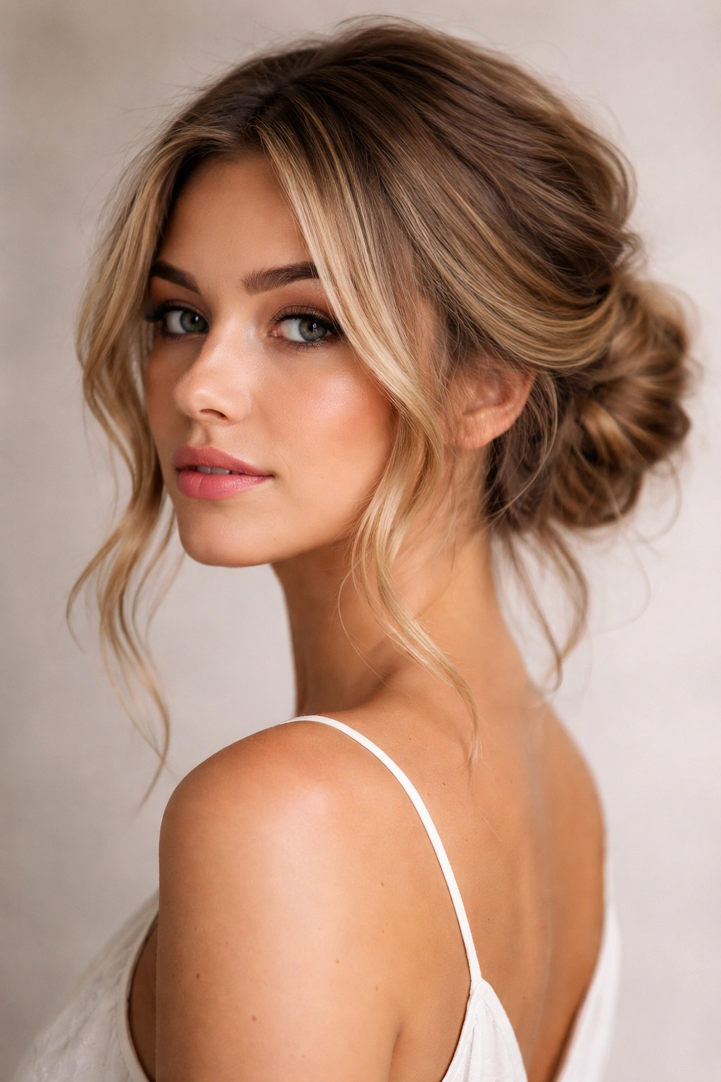 Soft wave updo with face-framing pieces, loose and elegant