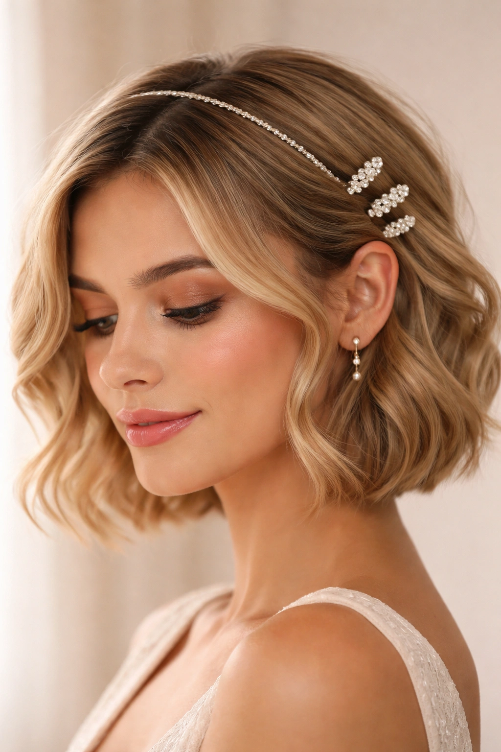 Close-up of soft waves in a short bob with a slim metallic headband.