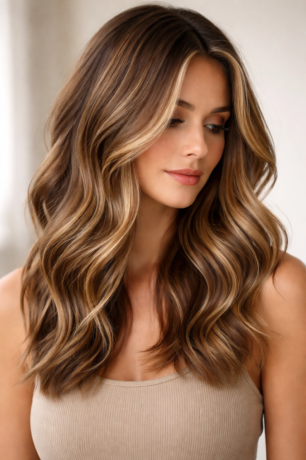 Medium-length hair with soft waves and all-over dimensional balayage