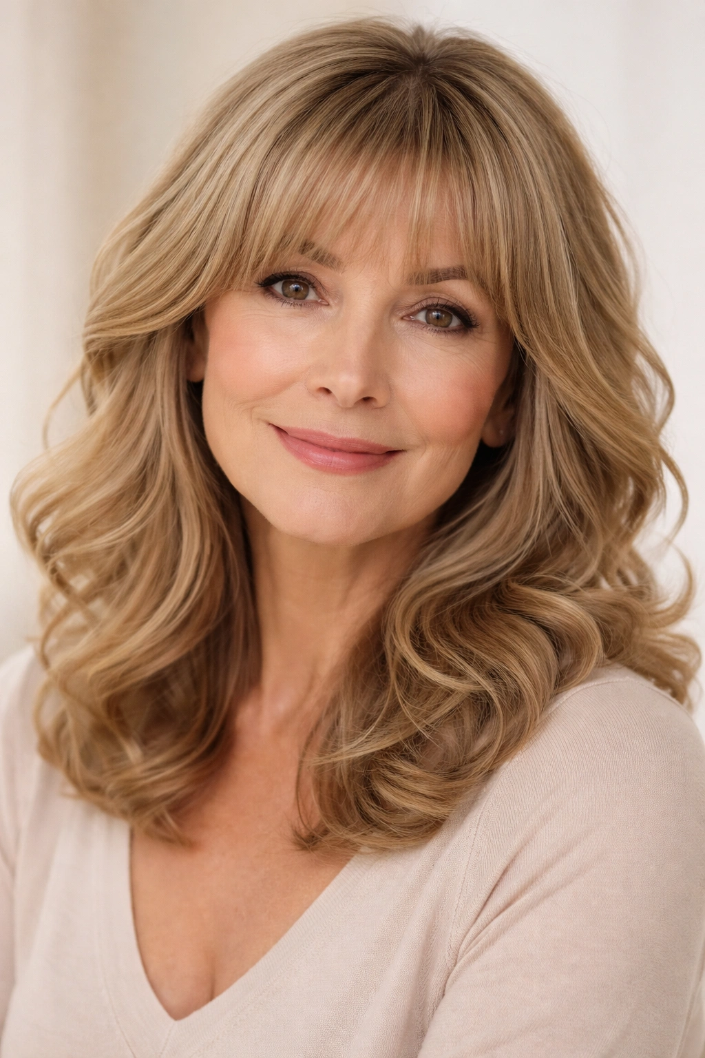 Soft waves with bangs framing the face in a head-and-shoulders portrait