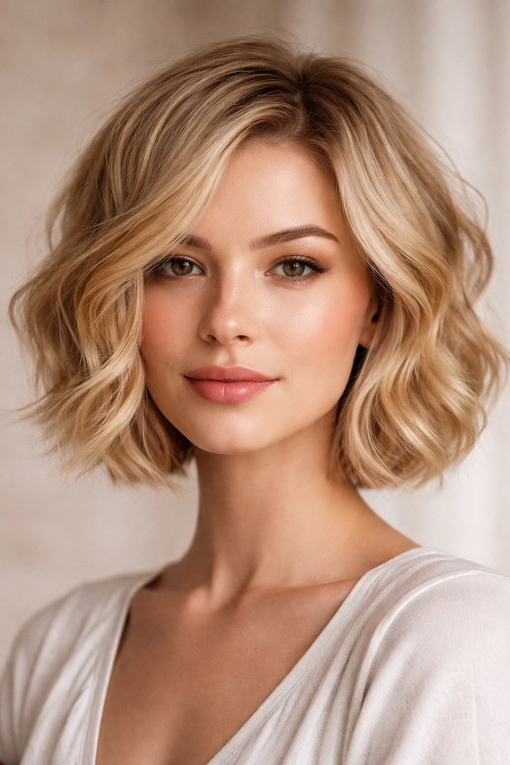 Blonde jaw-length bob with soft waves creating texture and a romantic look.