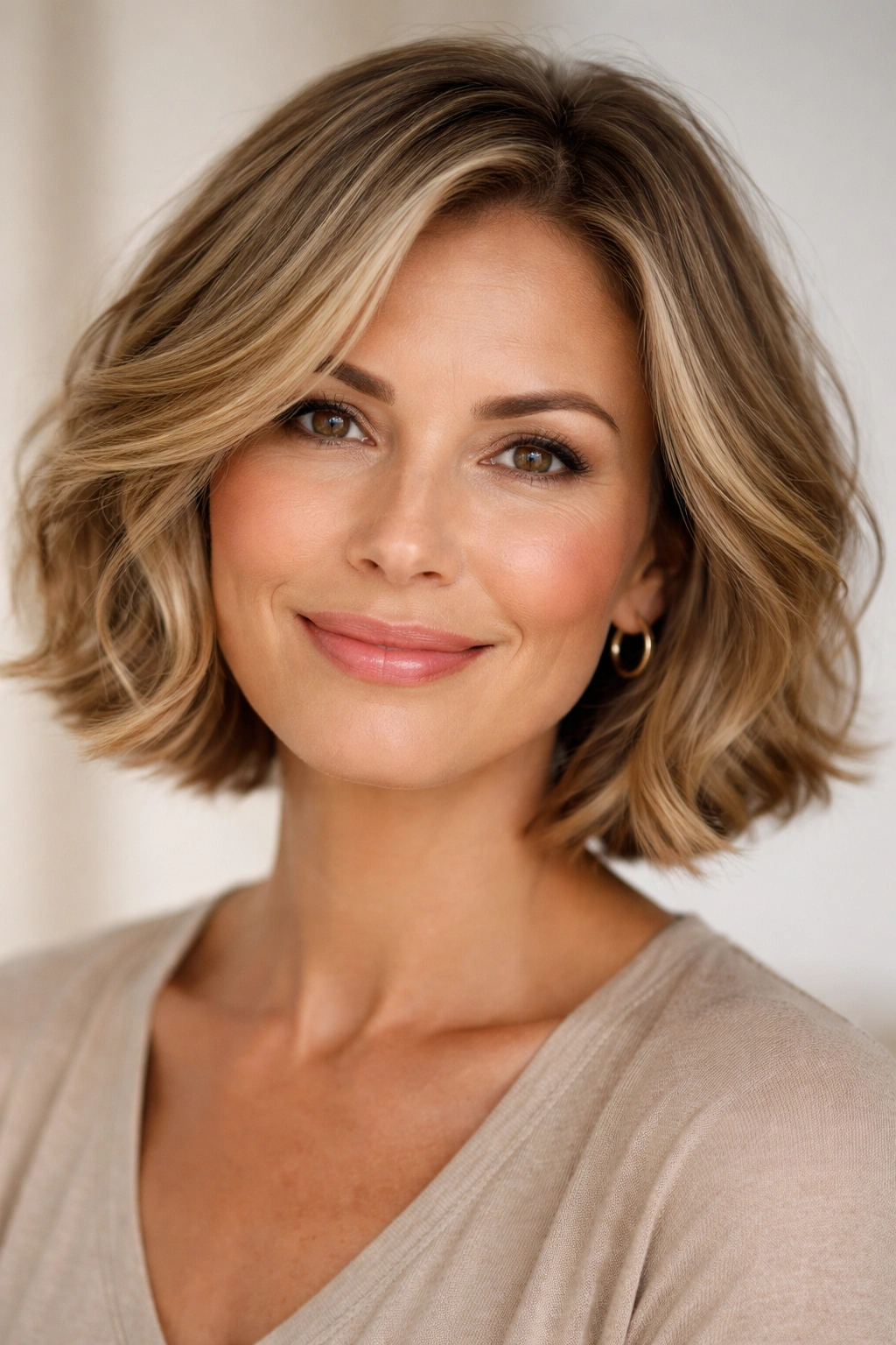 Close-up of chin-length soft waves bob with subtle layering