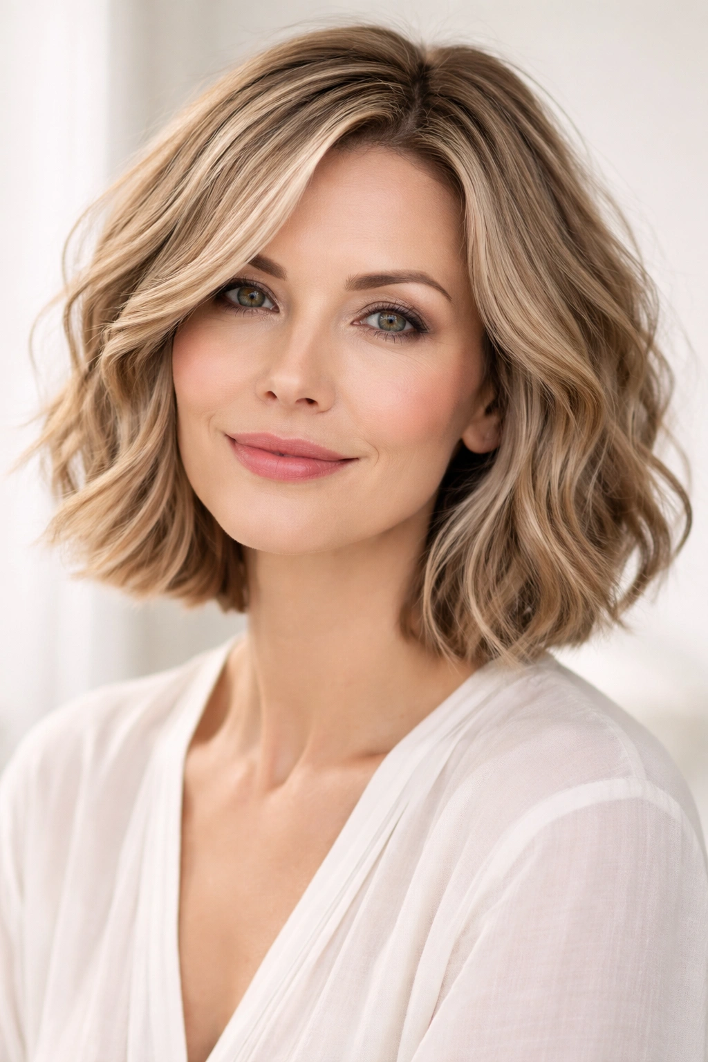 Chin-length bob with soft waves framing the face