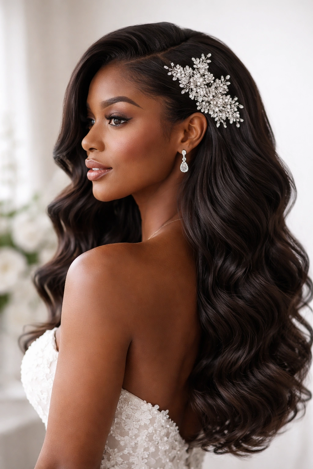 Soft waves with jeweled hair accessory in bridal hairstyle