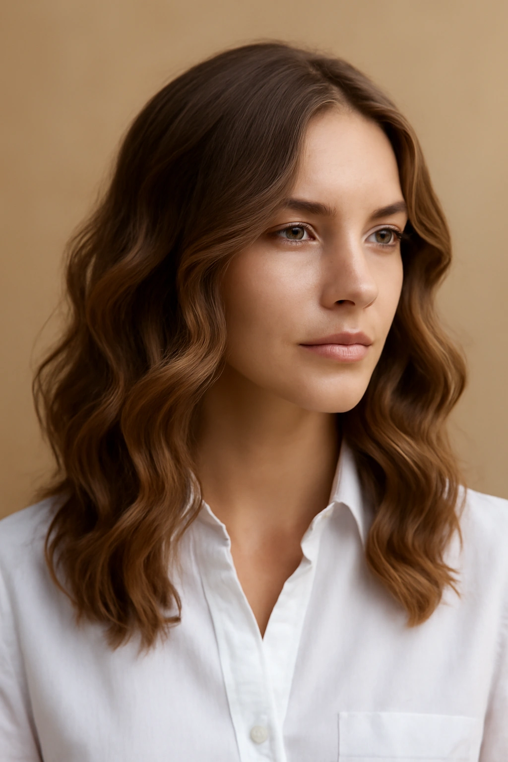 10 Hairstyles That Go With A Button Down Shirt 2 Portrait of loose soft waves cascading over shoulders with a button-down shirt