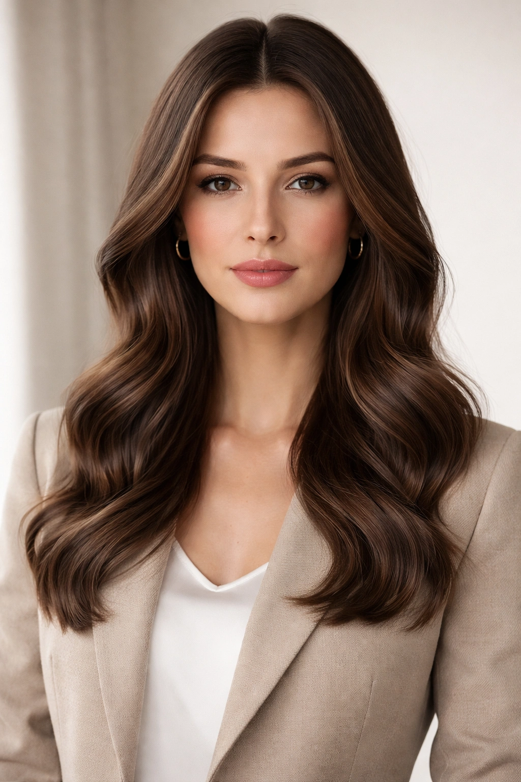 Close-up of a woman with soft waves and a center part