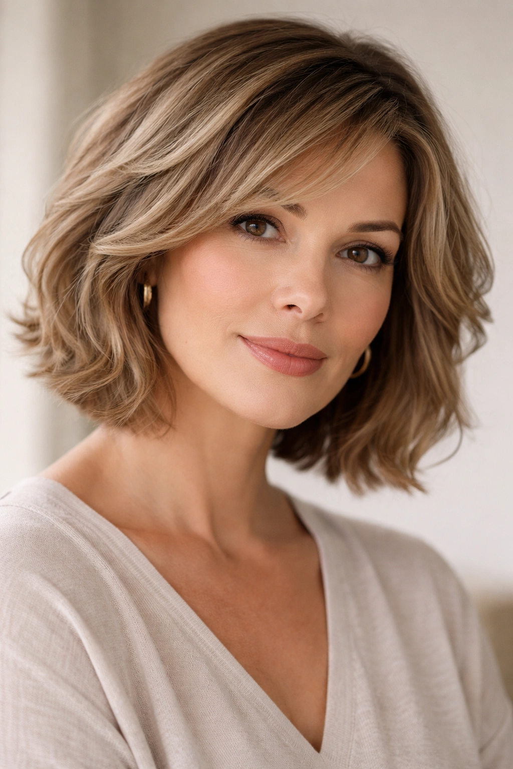 18 Short Hairstyles For Round Faces Over 40 7 Portrait of a person with chin-length soft waves and subtle layering hairstyle