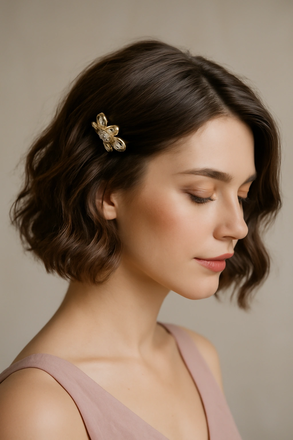 12 Bridesmaid Hairstyles That Flatter Short Hair 8 Soft waves on short hair with a decorative clip.