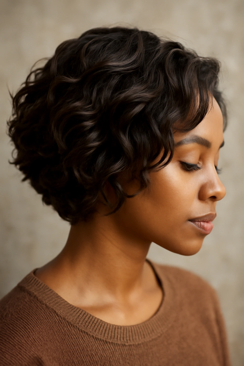 12 Short Relaxed Hairstyles Black Women Will Love 5 Head-and-shoulders shot of hair with soft waves and curls
