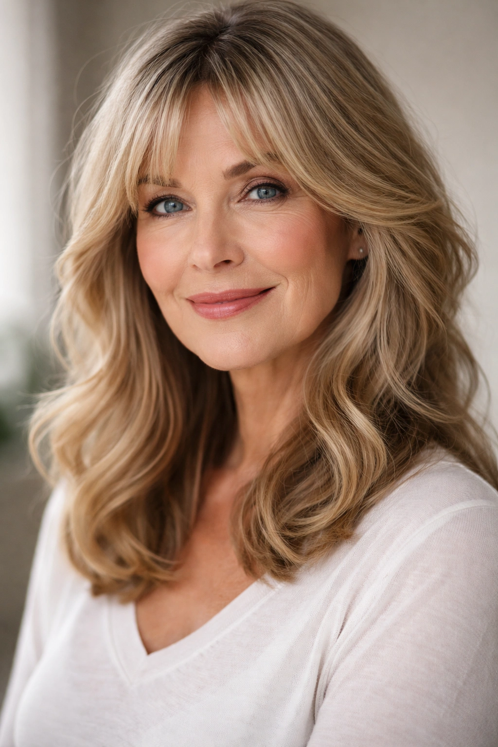 20 Haircuts For Women Over 60 By Face Shape 9 Soft waves with curtain bangs on an oval-faced model