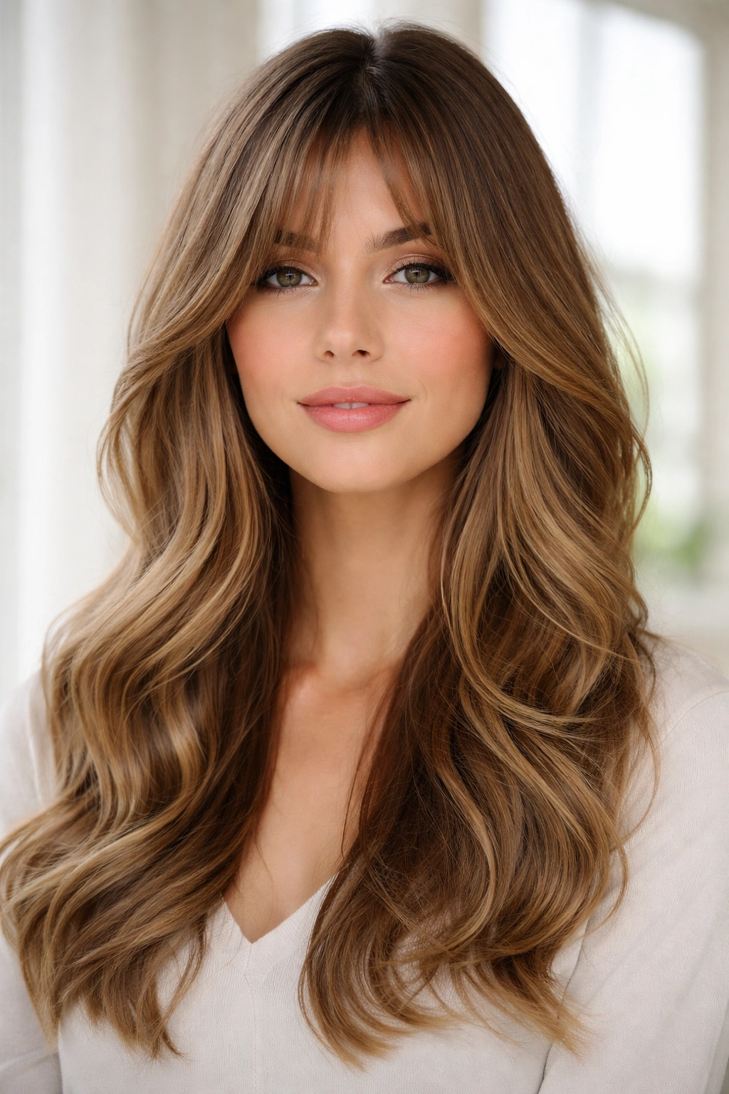 Woman with soft waves and curtain bangs in a studio portrait