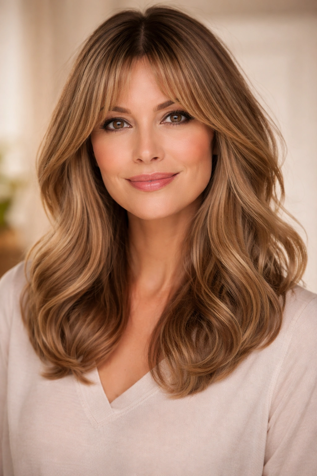 Soft waves with curtain bangs on shoulder-length hair close-up