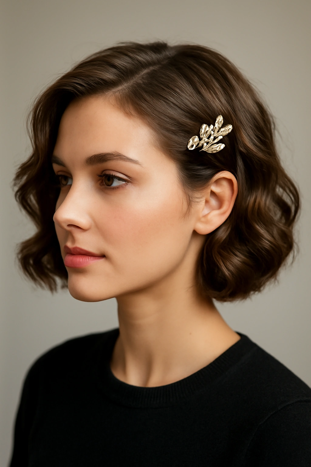 10 Birthday-Ready Hairstyles for Women With Short Hair 2 Short hair with soft waves and a decorative side clip in studio lighting.