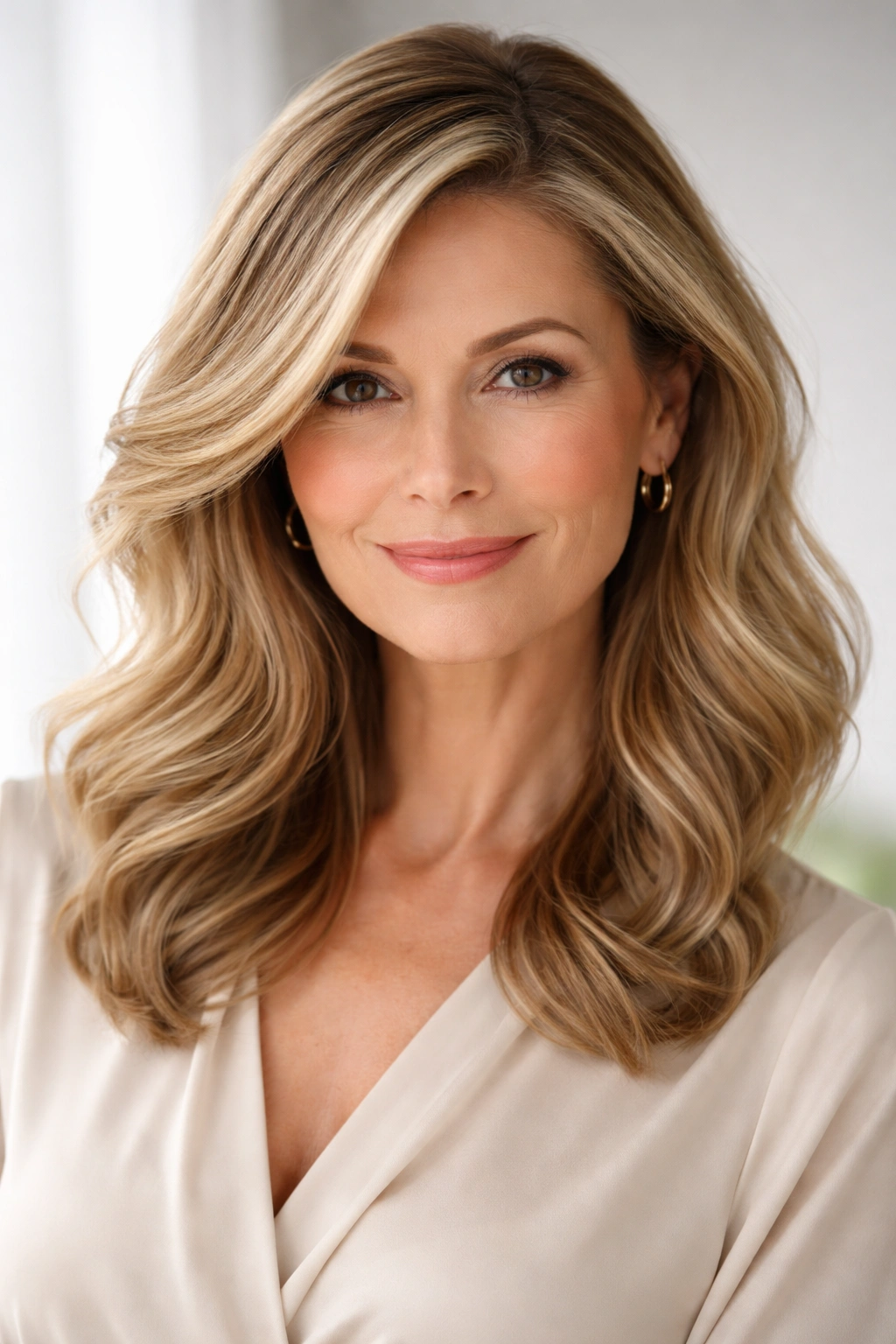 Portrait of a woman with soft waves and a deep side part.