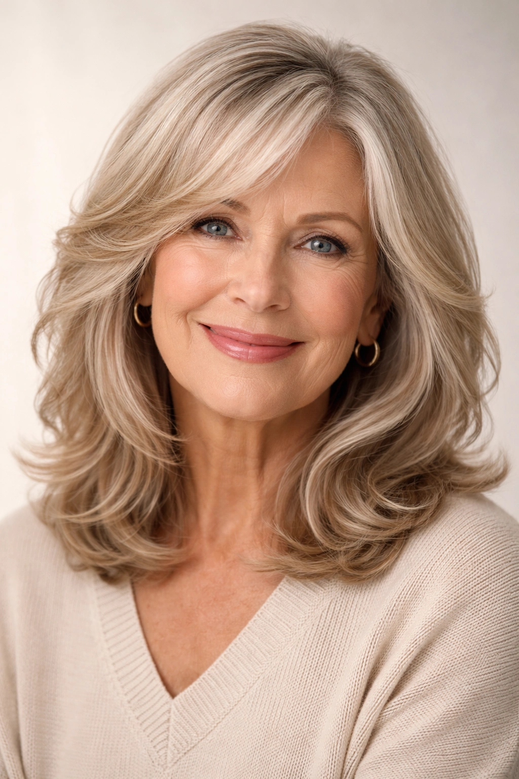 Close-up portrait of a woman with soft shoulder-length waves and face-framing layers in a neutral studio