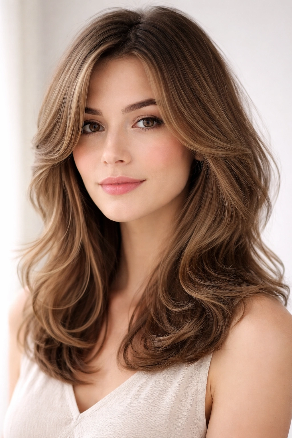 Portrait of hair with soft waves and face-framing layers