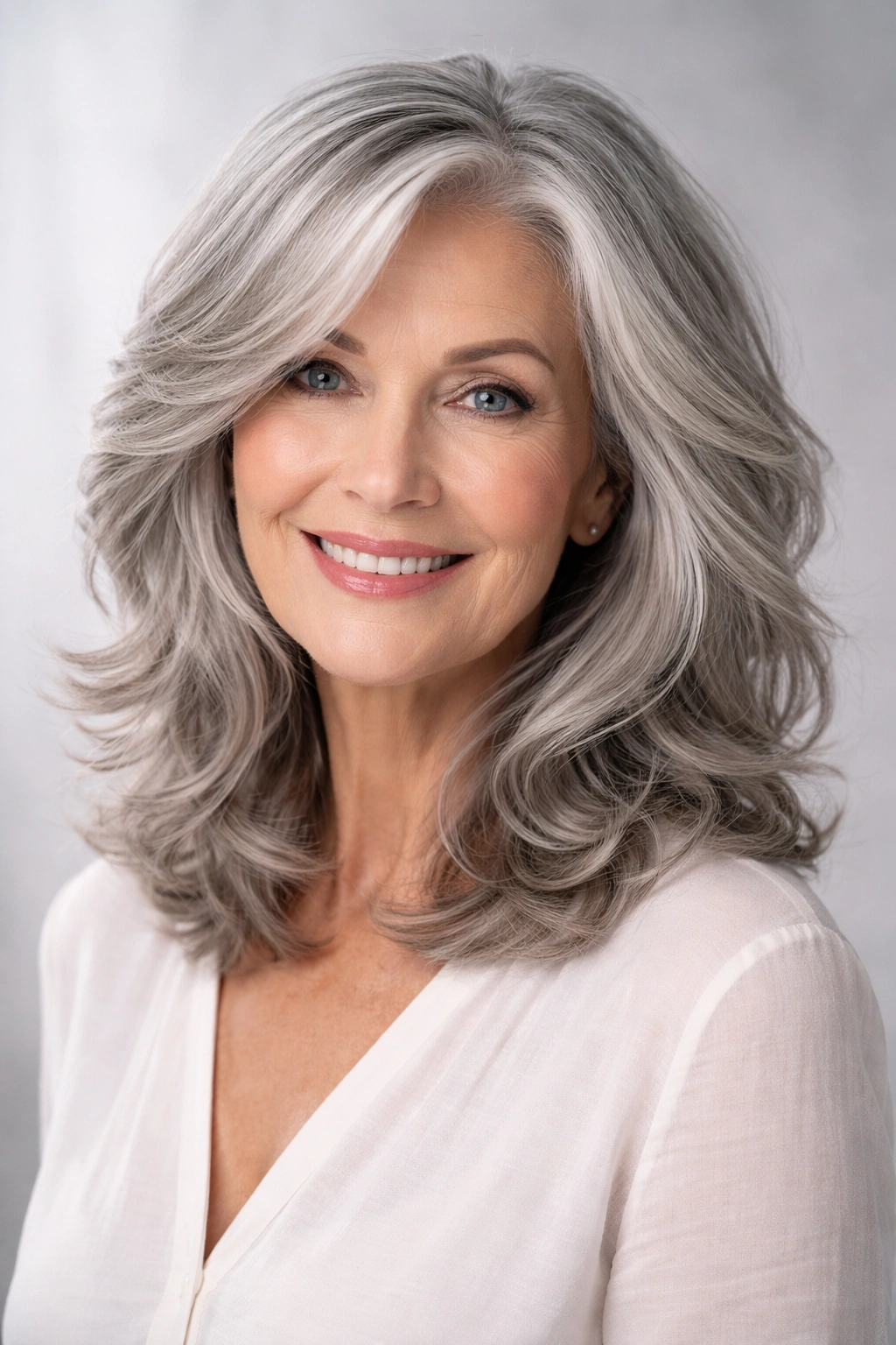 Gray hair with soft waves and layered texture