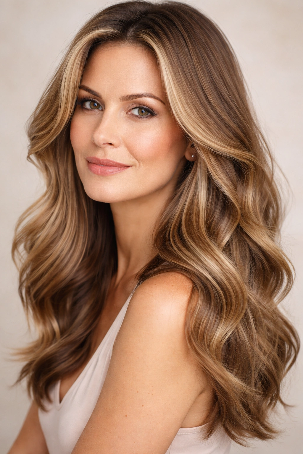 Close-up of long hair with loose cascading waves starting below the ears