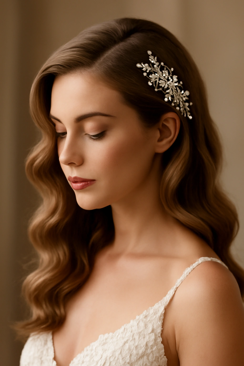 Soft waves with a jeweled hairpiece on one side