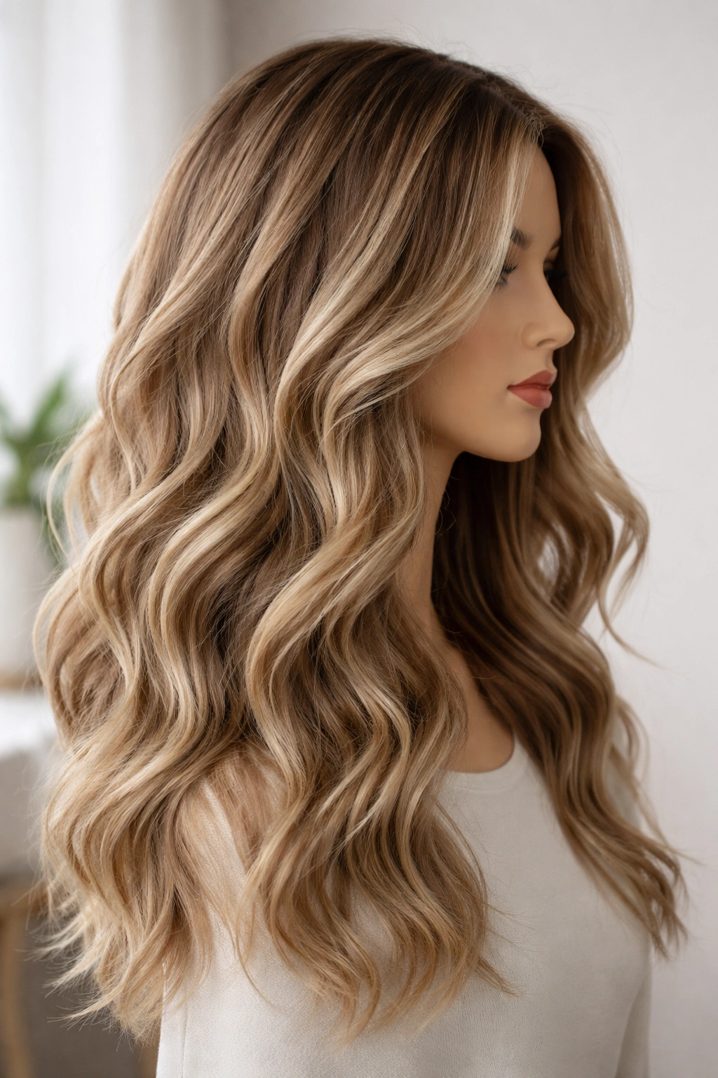 Mannequin head with soft, loose beach waves from mid-length to ends