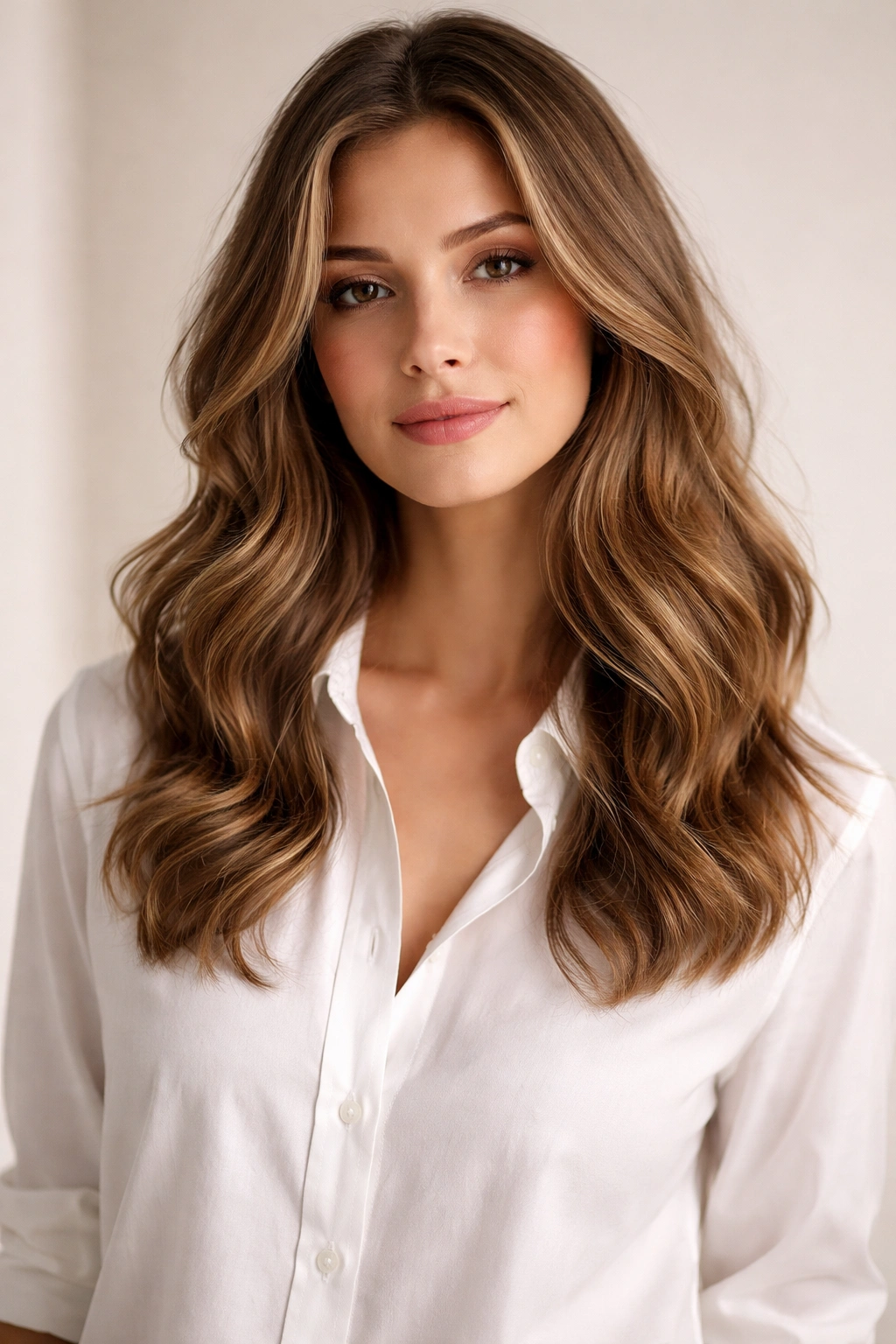 Soft waves framing a button-down shirt look