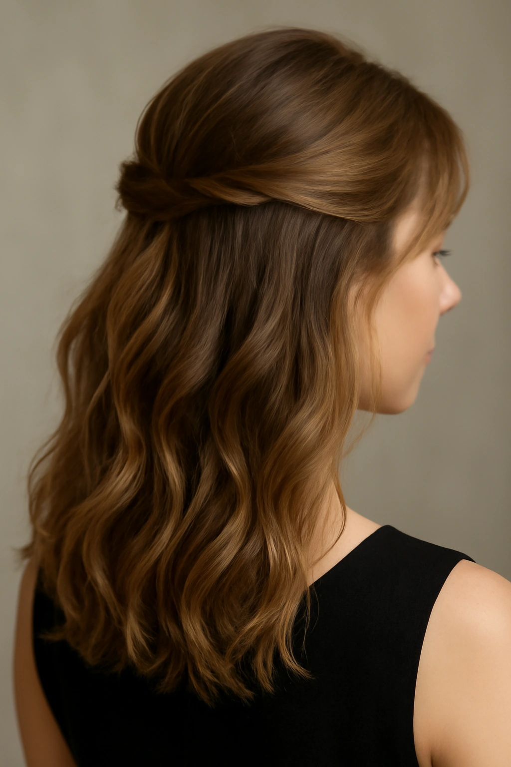12 Adorable Homecoming Hairstyles for Medium Hair 1 Medium-length hair styled in soft waves with a half-up twist in studio lighting