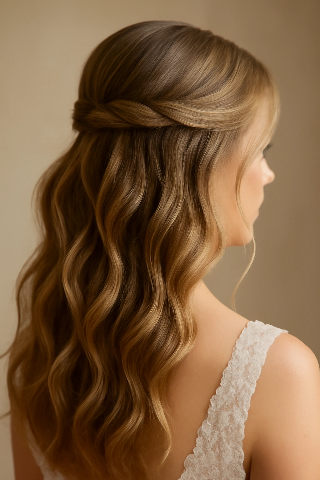 12 Dreamy Wavy Wedding Hairstyles for Every Length 1 Close-up of soft waves with a delicate half-up bridal hairstyle highlighting gentle volume