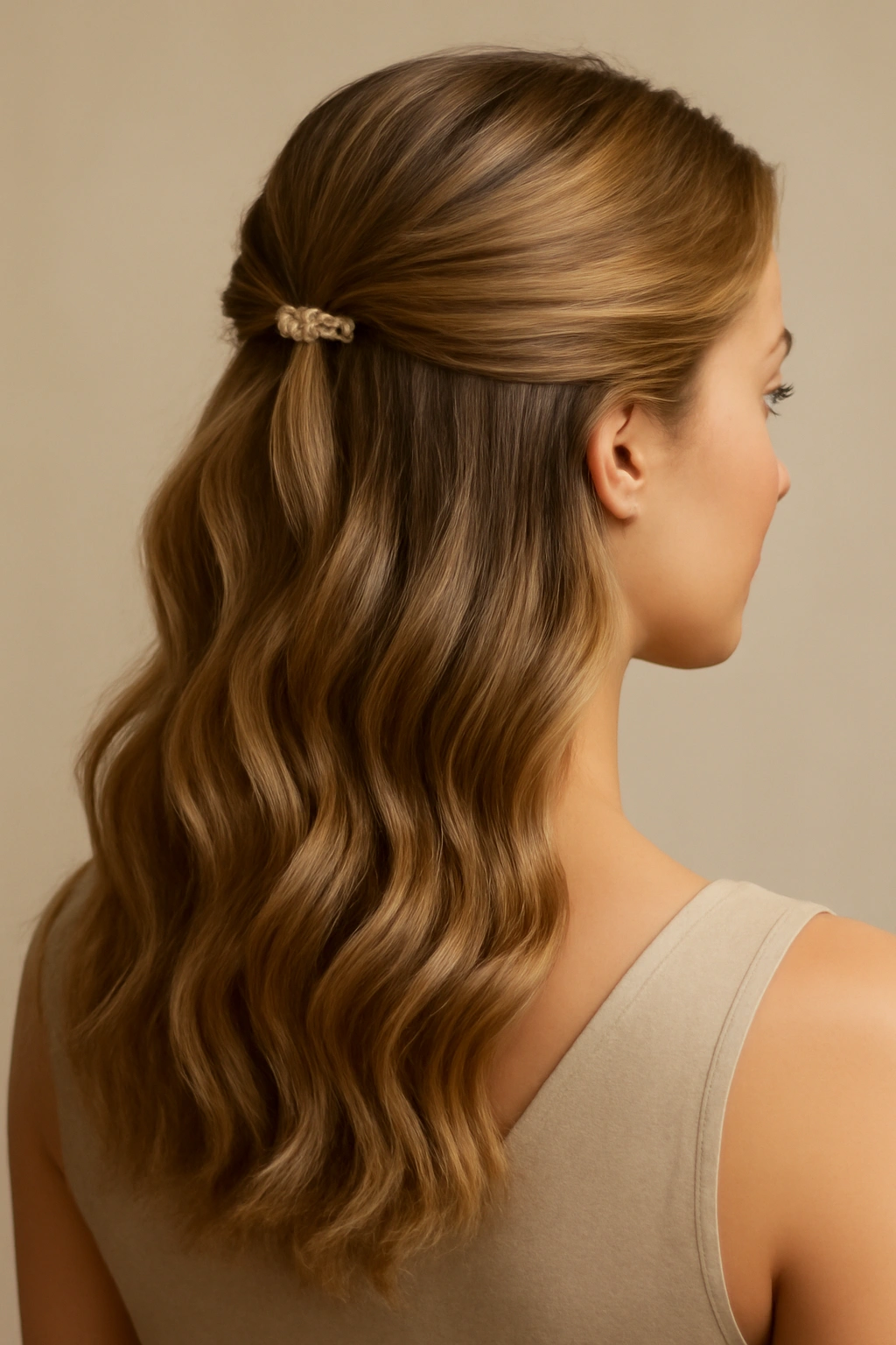 12 Wedding Guest Hairstyles You Can Do Yourself 1 Soft waves with a half-up clip hairstyle on long hair in a neutral studio.