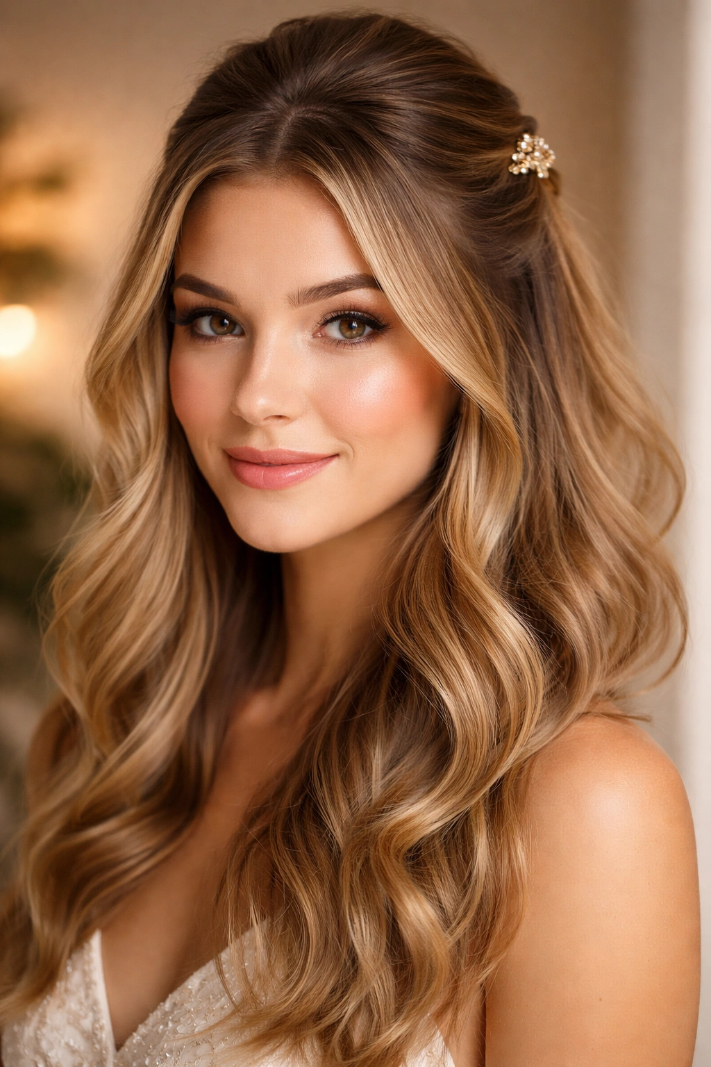 Close-up of soft waves with a half-up pin hairstyle on a model