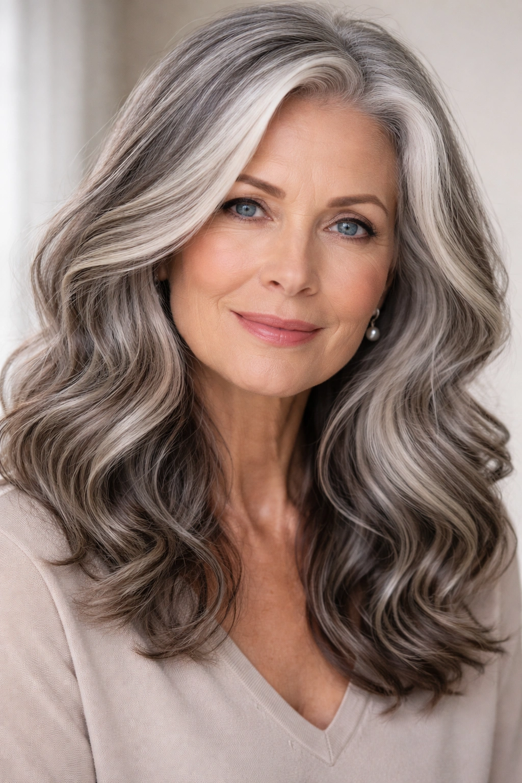 Gray hair with soft waves and highlights for dimension