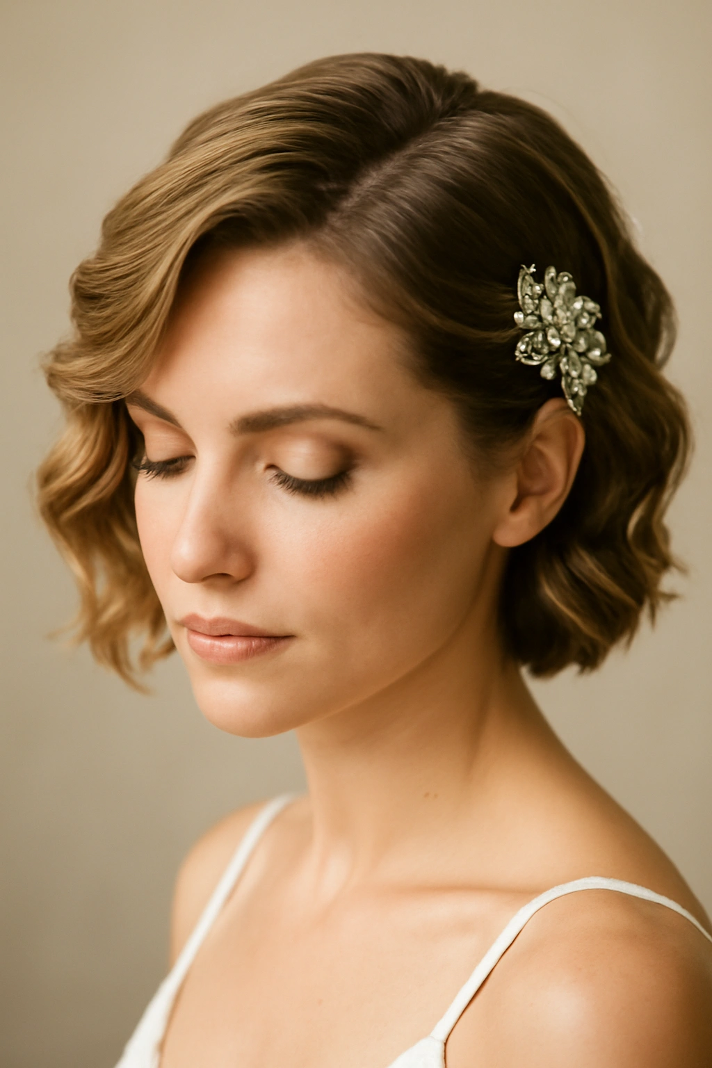 15 Wedding Hairstyles That Look Great on Short Hair 1 Close-up of short hair with soft waves and a jeweled side clip