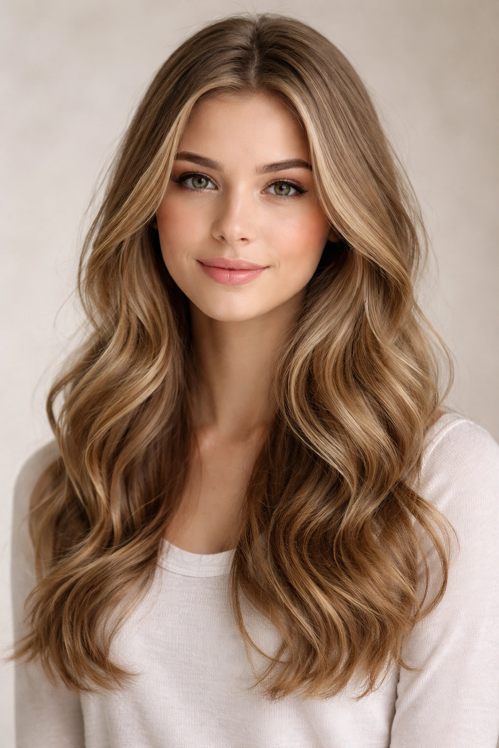 Portrait of soft layered waves framing the face with a subtle part