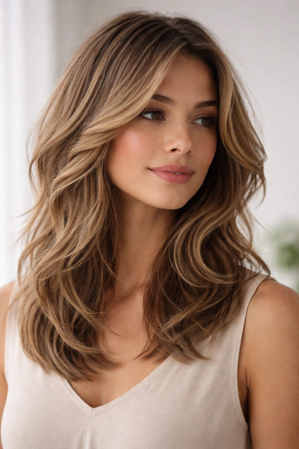 Close-up of soft, wave-ready layered shoulder-length hair with graceful waves