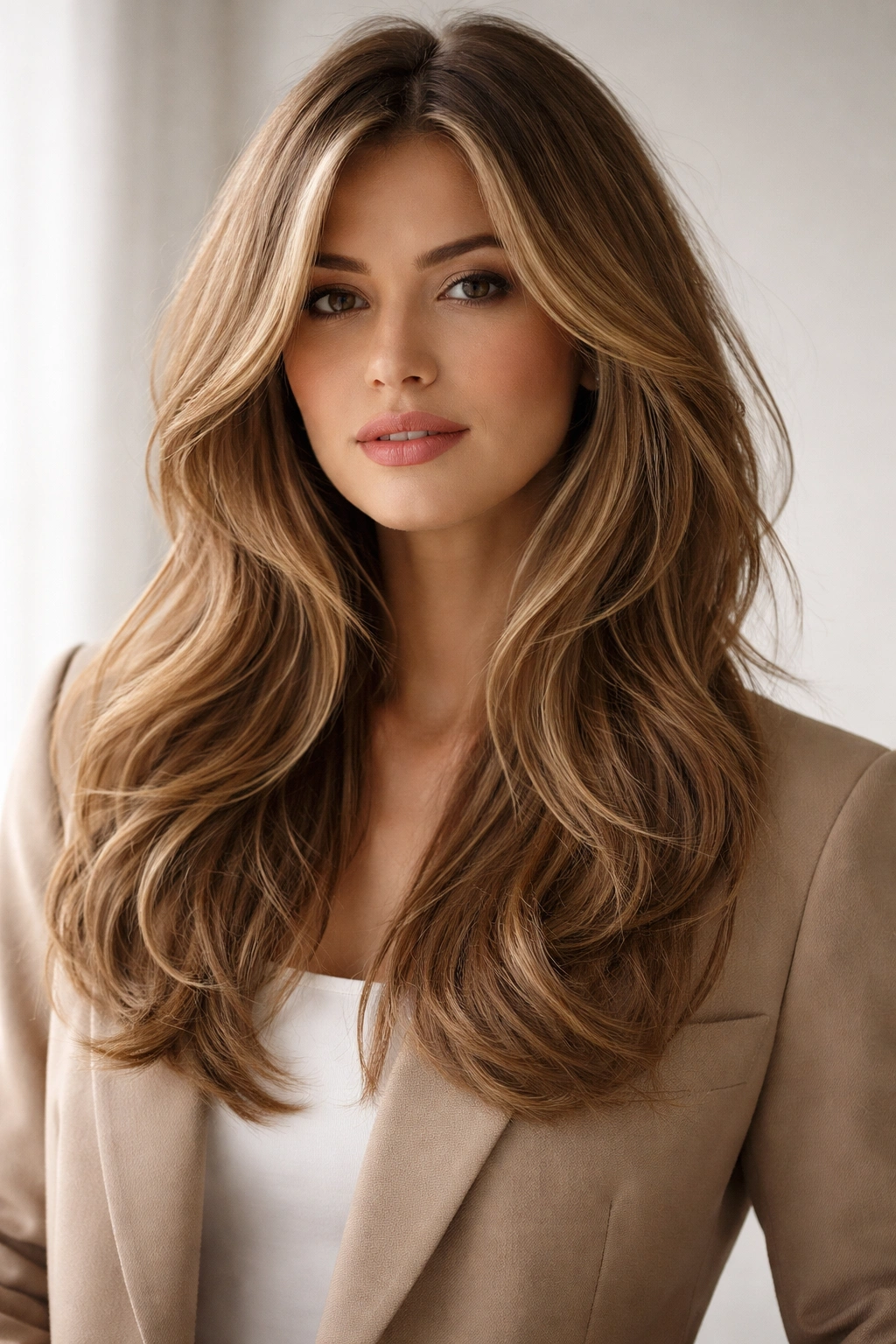 Portrait of soft waves with layered hair paired with a blazer