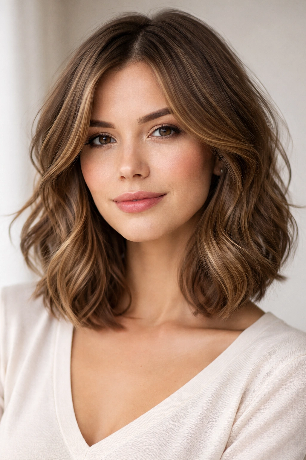 Close-up of a model with chin-length hair styled in soft waves and longer layers