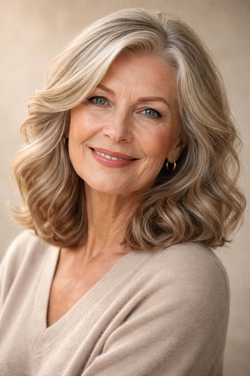 Shoulder-length hair with soft waves on a mature woman