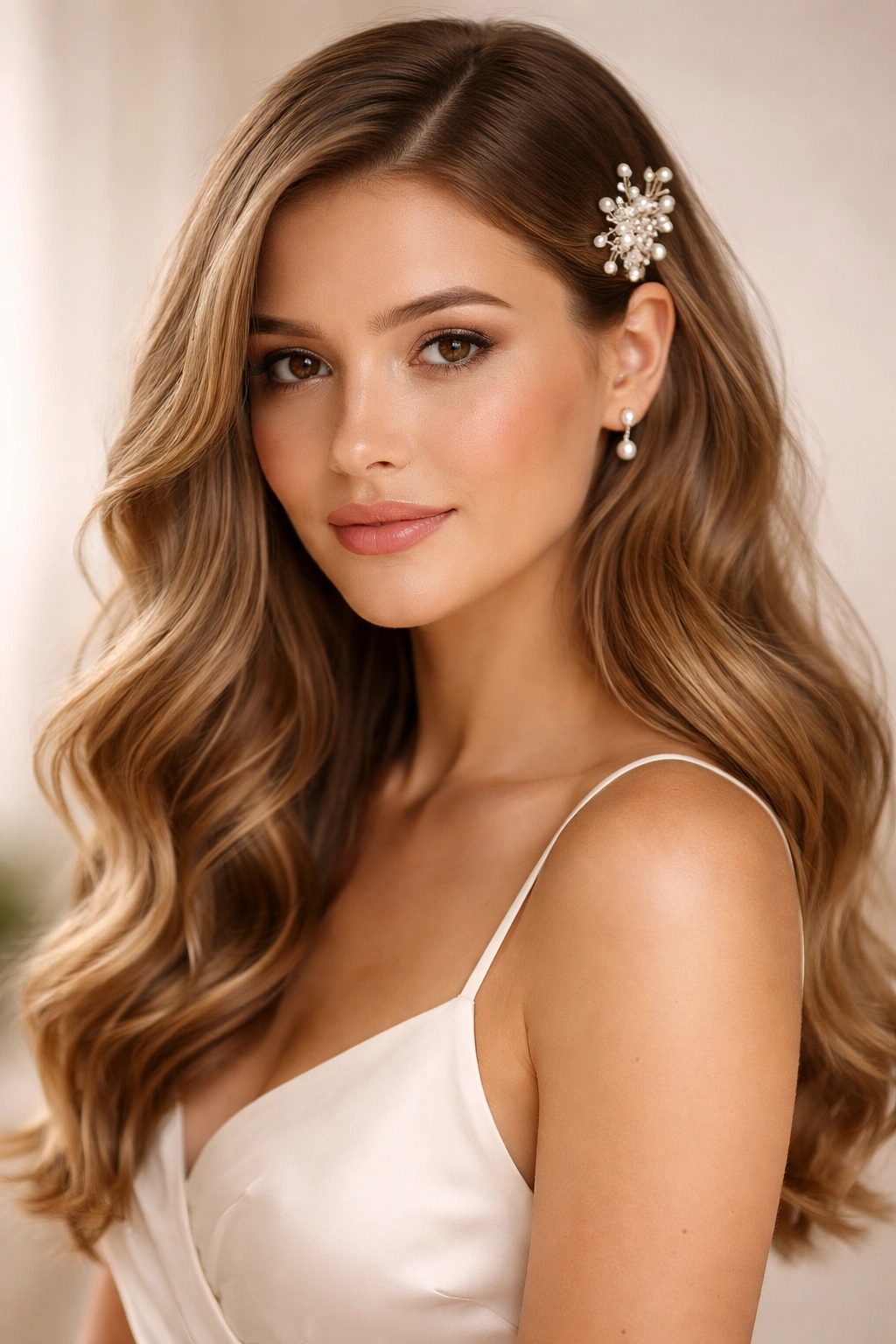 Close-up of soft waves with a pearl clip in hair
