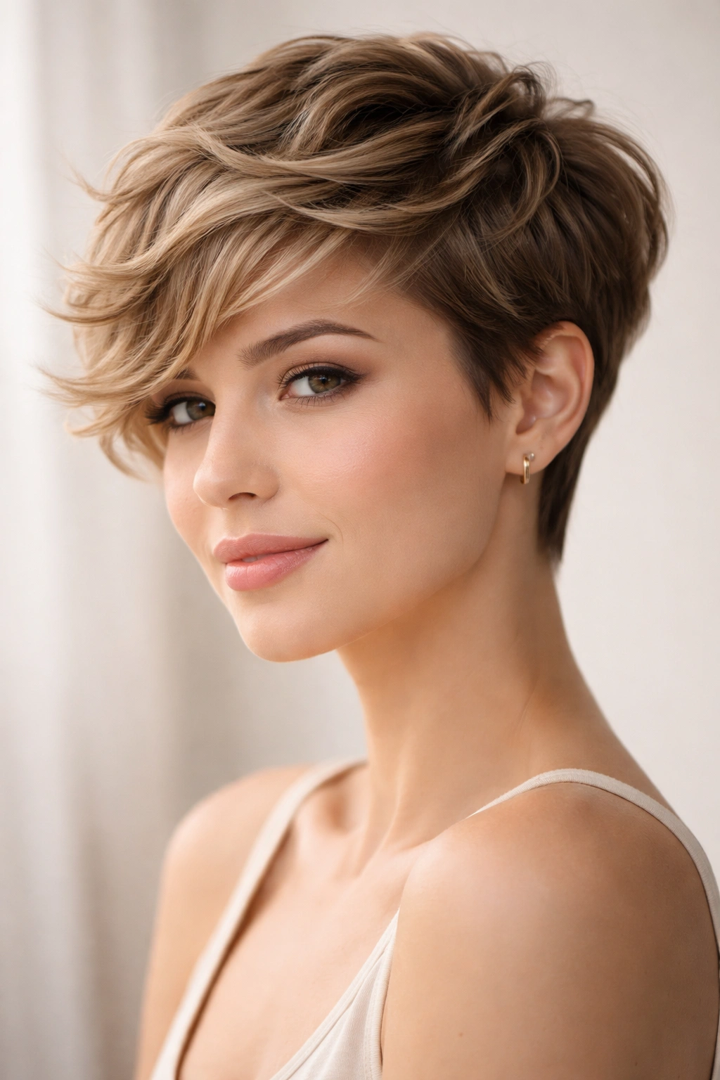 Portrait of soft waves pixie hairstyle with loose romantic waves.